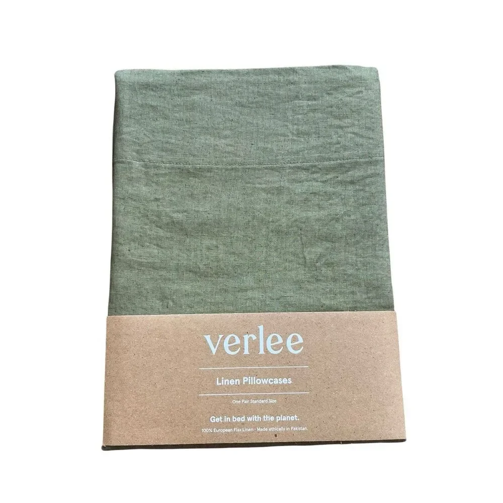TUFT & NEEDLE 100% Linen European Flax 2 Standard Pillowcases Green Moss New